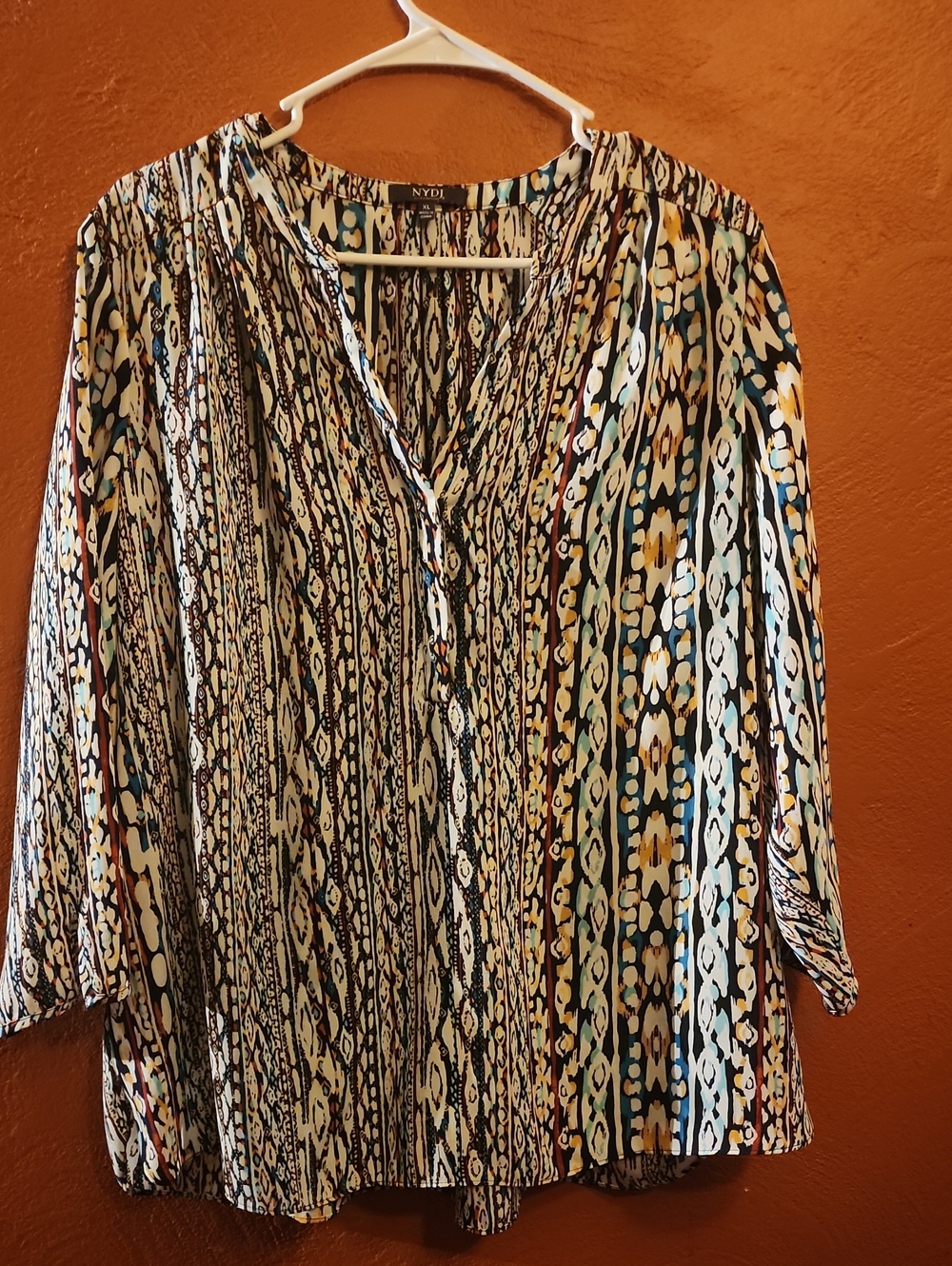 NYDJ Multicolor Printed Peasant Top - Blue, Black & White